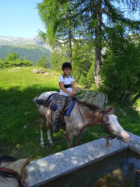 Bambino in sella alla fontana nel bosco