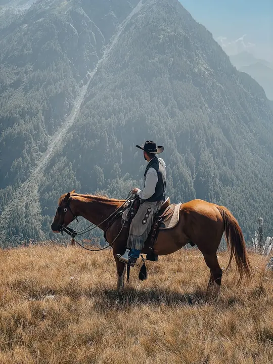 Cavaliere in sella osserva la valle dall'alpeggio